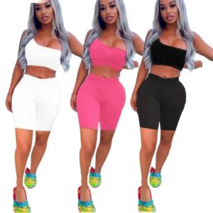 One Shoulder Sleeveless Crop Top+Shorts Set