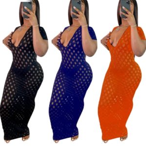 Short Sleeve Mesh Hollow Out Long Dress