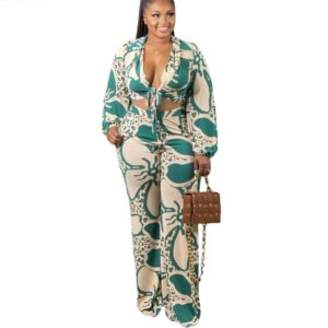 Plus size long sleeve print bandage crop top + wide leg pants 2pcs set