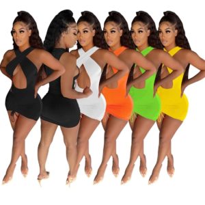 Sleeveless Solid Color Hollow Out Mini Dress
