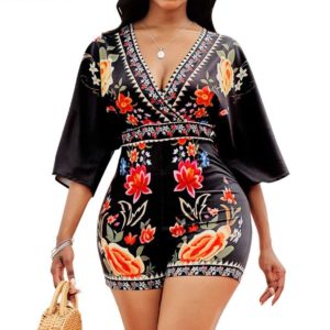 Deep V-neck Short Half Sleeve Backless Jumpsuit