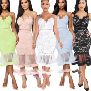 Lace Mesh Sheer Patchwork Mermaid Spaghetti Strap Dress