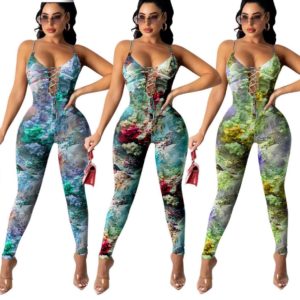 Sleeveless Spaghetti Strap Lace Up Tie Dye Print Jumpsuit