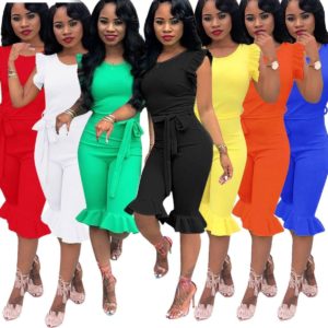 Knee Length Trousers Sleeveless Solid Color Wooden Ears Lace Up Jumpsuit