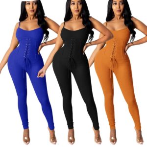 Solid Lace Up Spaghetti Strap Sleeveless Skinny Ribbed Bandage Slim Catsuit
