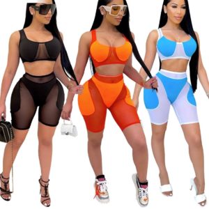 Mesh Patchwork Tank Crop Top + Shorts Set