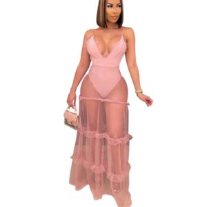 Mesh Patchwork Sleeveless Spaghetti Strap Long Maxi Dress