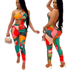 Print Cut Out One Shoulder Backless Jumpsuit