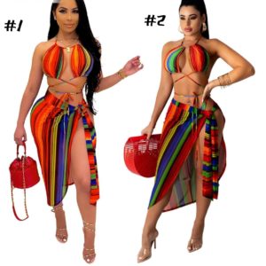 Colorful Print Halter Lace Up Set