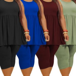 Plus Size Sleeveless Solid Color Top + Knee Length Pants Set