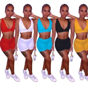 Sleeveless Deep V-neck Crop Top + Shorts Set