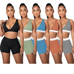 Color Patchwork Sleeveless Crop Top + Biker Shorts Set