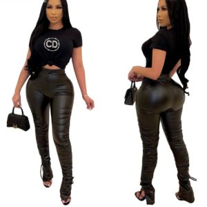 Solid Color Trend Pleated Bandage PU Pants