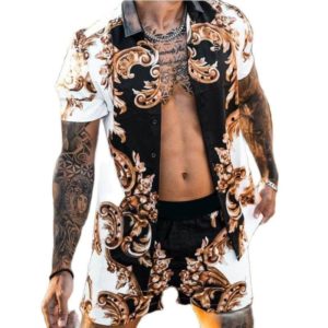 Men's Hawaiian Print Lapel Short Sleeve Shirt +shorts 2pcs set