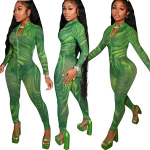 Long Sleeve Tie dye Print Zipper Jumpsuit