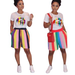 Short Sleeve Lip Print t-shirt +Colourfull striped shorts 2pcs set