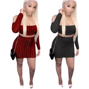 Long Sleeve Off Shoulder Top + Skirt 2pcs Set