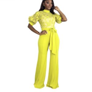 Half Sleeve Lace Splicing Belt Wide Leg Solid Jumpsuit