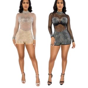 Long Sleeve Sheer Mesh Patchwork Rhinestone See-through Jumpsuit
