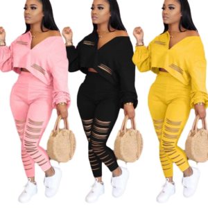 Long Sleeve Solid Hole hollow out top + Pants 2pcs Set