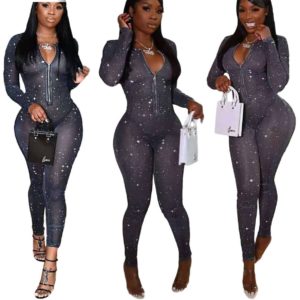 Sexy high elasticity long sleeve print mesh skinny jumpsuit
