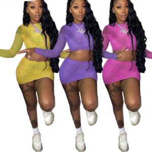 Sexy mesh sheer long sleeve crop top +skirts 2pcs set