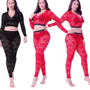 Long sleeve V-neck pure color see through lace crop top +pants 2pcs set