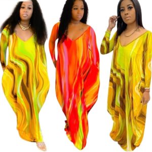 Long sleeve print V-neck pocket long dress