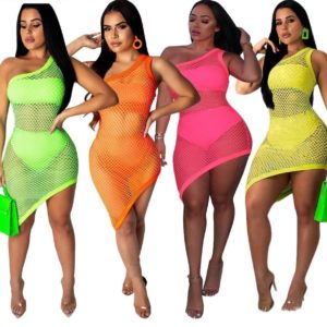 One shoulder fish net hollow out mini dress beach Cover-Ups +bikini set 3pcs set