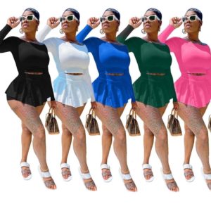 Pure Color Long Sleeve off Shoulder Crop top and Mini skirt 2pcs Set