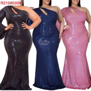 Plus size one shoulder long sleeve sequined hollow out long dress