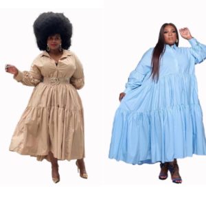 Plus size long sleeve pure color turn down collar long dress (no belt)