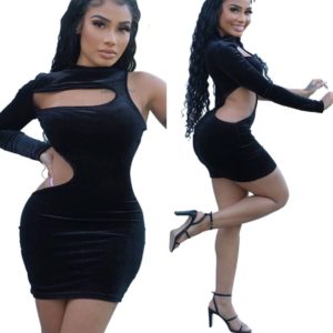 One-shoulder pure color hollow out mini dress