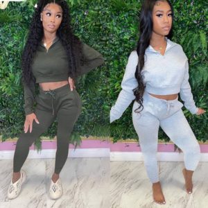 Long sleeve pure color turn down collar crop top +pants Set