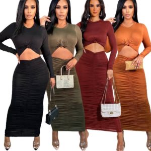 Long sleeve hollow out pleated long dress