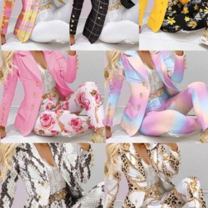 Long sleeve print suit set office lady 2pcs set