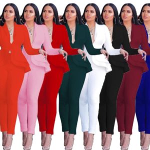 Full sleeve solid ruffles top + pencil pants office lady 2pcs set