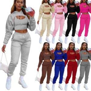 Long sleeve hooded crop top +vest +pants 3pcs set