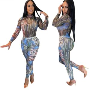 Long sleeve printed sheer mesh jumpsuit