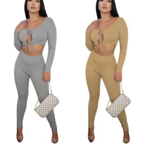 Long sleeve pure color bandage hollow out crop top + pants set