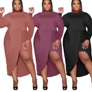 Plus size long sleeve pure color irregular dress