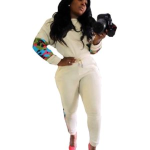 Long sleeve patchwork round collar top + pants 2pcs set