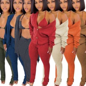 Long sleeve pure color coat +bra +pants 3pcs set