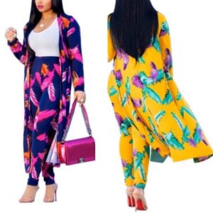 Long sleeve printed long coat +pants 2pcs set
