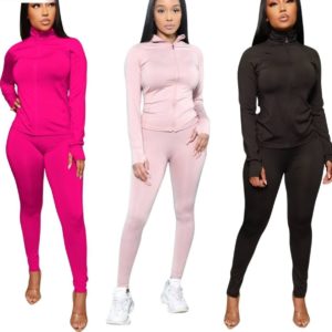 Long sleeve solid color zipper top + pants 2pcs set