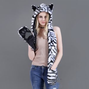Fake fur fox hoods animal head hooded scarf with glove