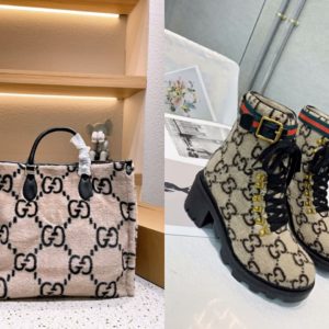 L_V fur handbag and Gu_cci boots matching set